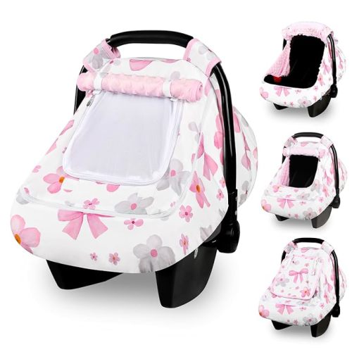 Hooyax Baby Car Seat Cover with Dual Zipper, Extra Large Mesh Window Carseat Canopy, All-Season Weather Protection for Infant Car Seats & Strollers (Pink Bow)