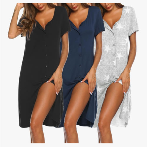 Ekouaer 3 Pack Women's Button Down Nightgowns Short Sleeve Night Shirts for Women Sleepwear V Neck Sleep Dress