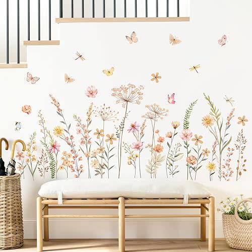 Boho Flower Wall Decals Bohemian Wildflower Grass Wall Stickers Peel and Stick Vinyl Decor for Girls Bedroom Living Room Office TV Sofa Backdrop Home Decor Gifts for Mom