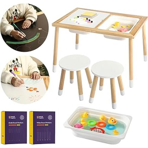 Special Supplies Kid’s Sensory Table Set with Deep Water and Sand Bins, Writable Lids, Chalk and Dry Erase Markers for Active, Hands-On Learning, Fun Play, Arts and Crafts - Pine Wood (2 Bins)