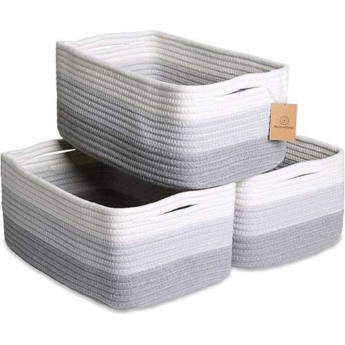 NaturalCozy 13.5”x8.5”x5.5” Rectangle Storage Baskets for Shelves 3 Pack | Cotton Rope Woven Small Baskets for Organizing | Small Storage Bins for Nursery, Bathroom, Closet, Shelf, Decorative