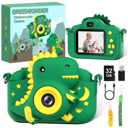 Gofunly Kids Camera, 1080P Toy Digital Video Camera, Toddler Camera for Girls 3-12 Years Best Birthday/Festival Gifts,with 32GB SD Card and Silicone Cover - Mint Green-Dinosaur