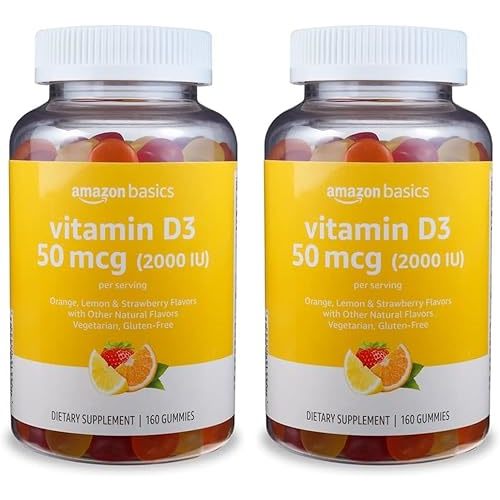 Amazon Basics Vitamin D3 2000 IU Gummies, Orange, Lemon & Strawberry, 160 Count (2 per Serving) (Previously Solimo) (Pack of 2)