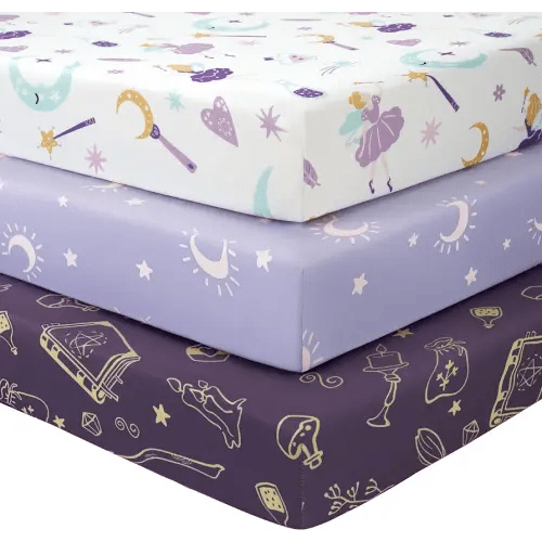Baby Mini Crib Sheets Girl, Portable 38”x26” Pack and Play Sheets Fitted for Playard and Pack N Play Mattress, 3-Pack Soft Microfiber Purple Magic Fairy