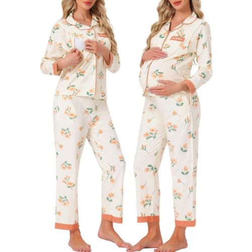 INSPIRE CHIC Women's Nursing Pajama Set Adjustable Waistband Pants Long Sleeve Postpartum Breastfeeding Loungewear X-Large Yellow