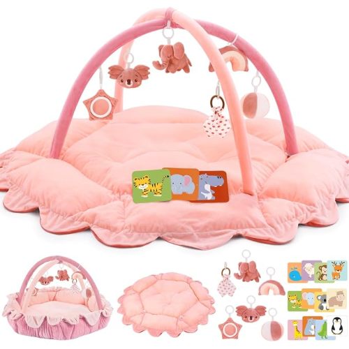 5-in-1 Plush Baby Play Gym, Activity Mat with Convertible Gym, Baby Gym 6 Sensory Toys, Play Center for Newborn to Toddler, Pink