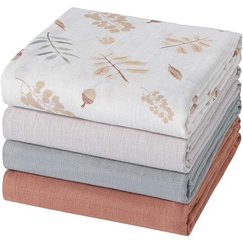 Muslin Swaddle Blankets for Boys & Girls, 4 Pack Receiving Baby Blanket for Newborns, Large 47 x 47 Inches, Soft Breathable Baby Swaddles, Acorn & Earthy Colors