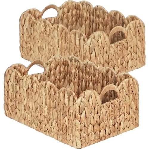 LUSYDECO Set of 2 Scalloped Edge Wicker Storage Basket with Built-in Handles, Rectangle Water Hyacinth Basket for Organizing, Decorative Woven Rattan Basket for Shelf, Nursery Room