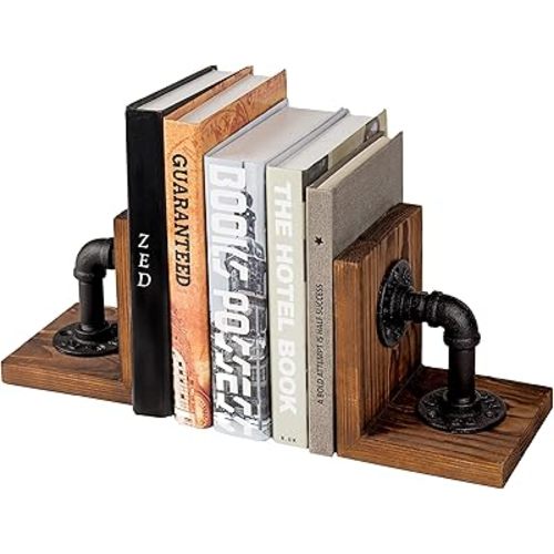Book Ends,Bookends Decorative,Book Holders for Shelves,Rustic Wood Decorative Bookends,with Realistic Industrial Pipe Design,Unique Ideas for Father's Day