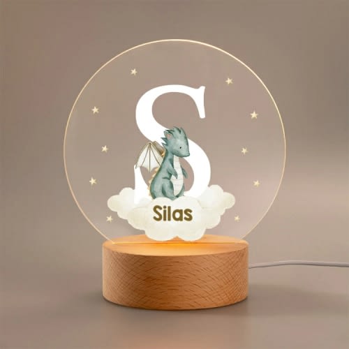 Personalized Dreamy Dragon Castle Acrylic LED Night Light with Wooden Base and Name or Initial Nursery Decor Baby Shower Birthday Gift for Kids - CALLIE