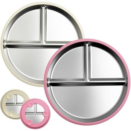 Stainless Steel Kids Plates, Plates with Suction, Stainless Steel Plate Suction, Divided Control Plate with Removable Silicone Shell, Feeding Camping (White&Pink)