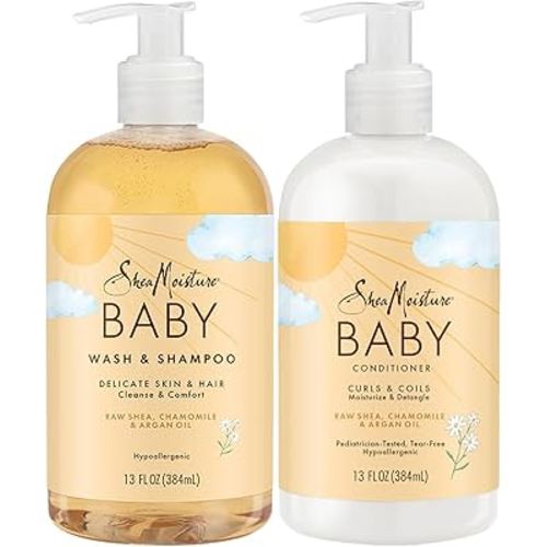 SheaMoisture Baby Essentials, Body Wash & Shampoo + Curls & Coils Conditioner, Detangler with Raw Shea, Chamomile & Argan Oil, Pediatrician-Tested, Hypoallergenic, Tear-Free, 13 Oz Ea