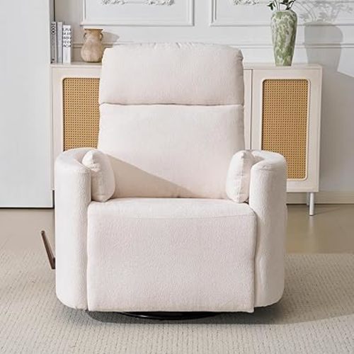 Oversized Swivel Rocker Recliner Chair with Heat and Massage, Rocking Chair with Adjustable Headrest, Manual Recliner, Glider Recliner with 2 Pillows, Chenille White
