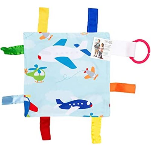 Baby Sensory Crinkle & Teething Square Lovey Toy with Closed Ribbon Tags for Increased Stimulation: 8"X8" (Airplanes)