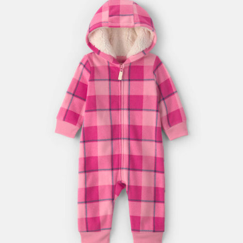 Baby Girl Buffalo Check Fleece Long-Sleeve Hooded Jumpsuit - Pink | Carter’s Oshkosh Canada