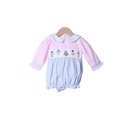 Smocked Nutcracker Ballet Pink Corduroy/Blue Gingham Bubble