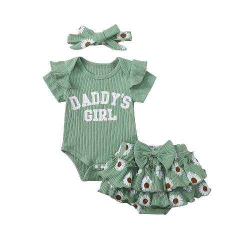 BemeyourBBs Newborn Baby Girls Summer Clothes Baby Girls Daddy's Girl Outfit 0 3 6 12 18 Months Letters Print Short Sleeve Ribbed Romper Floral Ruffled Shorts Set Hairband