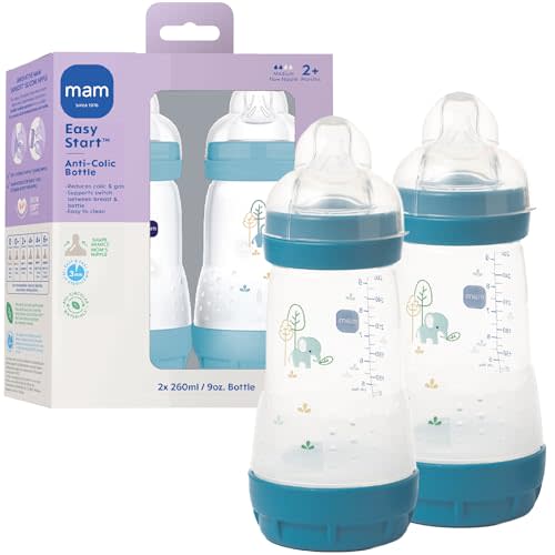 MAM 9oz Easy Start Anti-Colic Wide Neck Vented Baby Bottle, Medium Flow Breastfeeding-Like Nipple, Reduces Colic Gas & Reflux, Easy to Clean, BPA Free, 2+ Months, Made in Europe, 2 Pack, Unisex