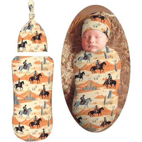 Western Cowboys Desert Newborn Swaddle Blankets Hat Sets Soft Baby Receiving Blanket Swaddle Sack for Baby Shower Infant Boy Girl Gift
