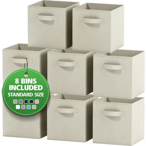 Set of 8 Foldable Fabric Storage Cube Bins | Collapsible Cloth Organizer Baskets Containers | Folding Nursery Closet Drawer | Features Dual Handles | More Beautiful Colors Available (Beige)