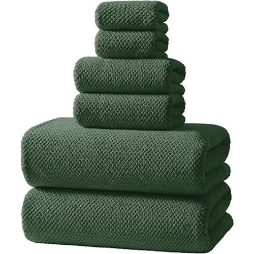 REDKISS 6-Piece Bath Towel Set - 2 Washcloths, 2 Hand Towels, 2 Bath Towels | Ultra-Fiber Coral Fleece, Super Absorbent, No Lint & No Fading | Perfect for Bathroom, Spa, Gym | Family -Olive Green
