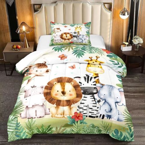 Kids Comforter Set Jungle Safari Animals Printed Pattern Quilt Bedding Set with 1 Comforter and 1 Pillow Cover, Twin 68x90inches