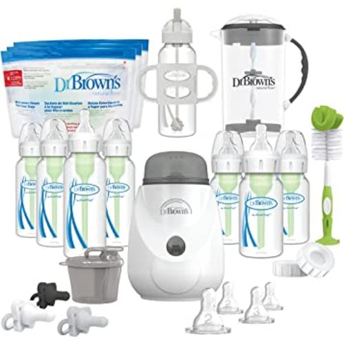 Dr. Brown's Natural Flow Anti-Colic Options+ All-In-One Gift Set for Newborn, with Bottle Warmer, HappyPaci Pacifiers, Cleaning Brush, Formula Mixing Pitcher & Formula Dispenser, 0m+