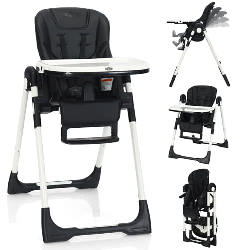 INFANS High Chair for Babies & Toddlers, Foldable Highchair with Multiple Adjustable Backrest, Footrest and Seat Height, Removable Tray, Detachable PU Leather Cushion, Built-in Rear Wheels (Black)