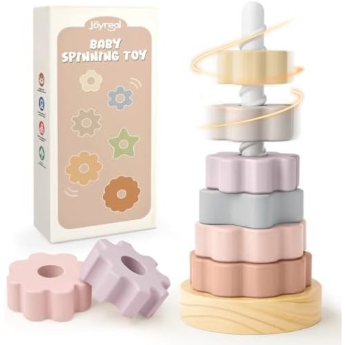 Joyreal Wooden Spinning Stacking Toys, Neutral Ring Stacker Montessori Toys for Toddlers 1-3, Christmas Birthday Gifts for Boys Girls