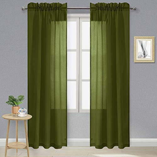 DWCN Olive Green Sheer Curtains Semi Transparent Voile Rod Pocket Curtains for Bedroom and Living Room, 42 x 84 inches Long, Set of 2 Panels