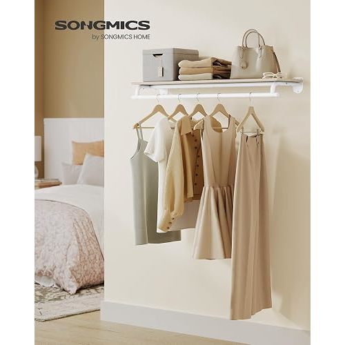 SONGMICS Clothes Rack with Top Shelf, Wall Mounted Clothing Rack, with Hanging Rod, Loads up to 77 lb, 11 x 42.9 x 5.2 Inches, Entryway, Bedroom, Closet, Natural Beige and Cloud White UHSR135W01