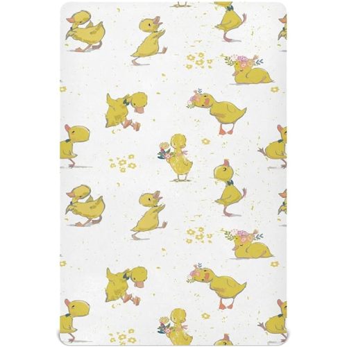 Yellow Ducks Crib Sheets Cute Little Duck Funny Pace Hand Drawn Pattern Mattress Cover Colorful Flowers Unisex Toddler Baby Bed Sheets Fitted Standard Crib Sheets for Boys Girl 28x52 Inch