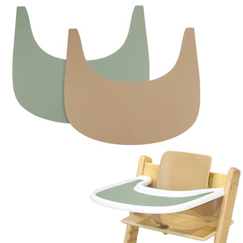 2 Pieces High Chair Placemat Silicone, Clean and Hygienic, Suitable for Stokke Tripp Trapp High Chair Tray Cover (Green/Khaki)