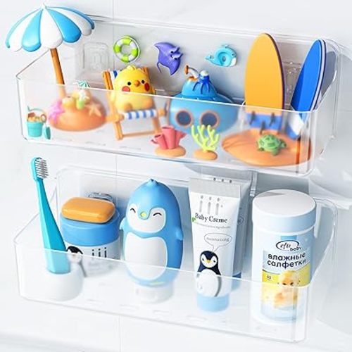 Nieifi Bath Toy Storage, Large Capacity Bath Toy Organizer, Adhesive Shower Caddy for Baby Bathroom Bathtub, Clear (2 Large)