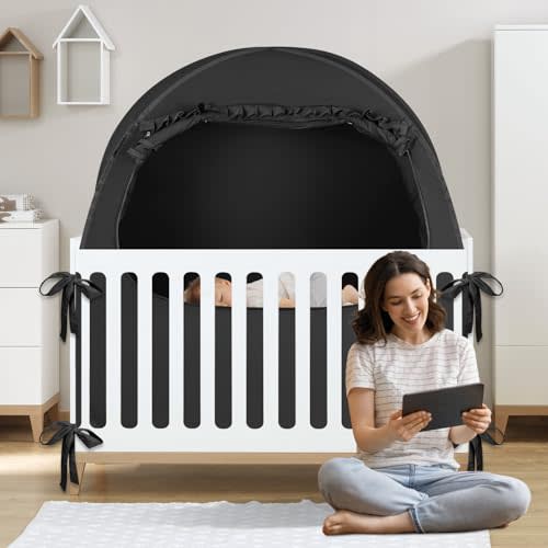 Pack And Play Crib Tent Blackout Cover For Full Size Baby with Toddler | 75% Blackout Tent for Full Size Crib and Pack and Play, Breathable Sleep Pod for Kids, Pop Up Crib Canopy, Softens The Light