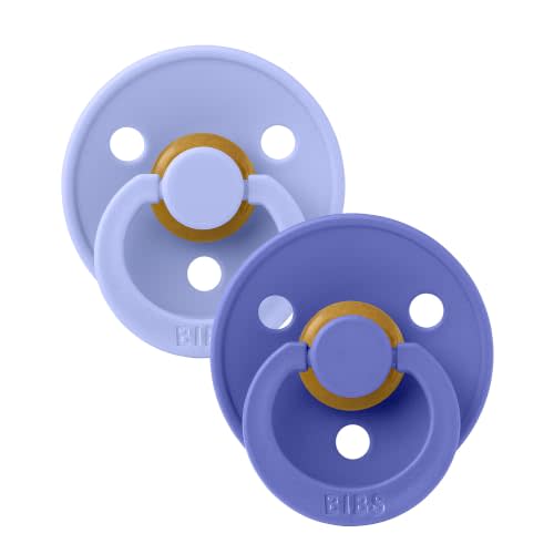 BIBS Colour Pacifier, 6-18 Months, 2-Pack, Round Nipple, Hush/Grape | Natural Rubber Latex | Size 2 | BPA-Free | Made in Denmark | High Nipple Acceptance | Airflow Holes | Comfort Shield