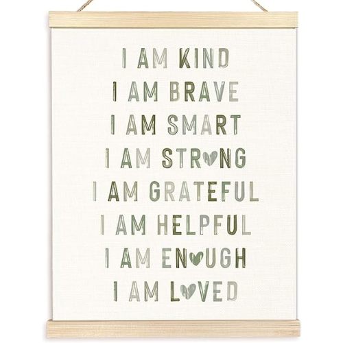 BESERH Boho Sage Green Positive Affirmations Wall Art Posters, Boho Nursery Decor Boy Girl, I Am Kind Brave Smart Canvas Prints Artwork Framed for Toddler Kids Room Nursery Playroom, 12x16 Inch