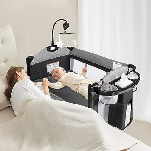 Kinder King 4 in 1 Portable Baby Playard, Foldable Baby Bedside Crib w/Bassinet, Infant Pack and Play Playard Toddler Large Playpen, Newborn Changing Table, Storage Basket, Grey