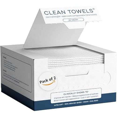 Clean Skin Club Clean Towels®, 100% USDA Biobased Face Towel, Disposable Face Towelette, Eczema Association Accepted, Makeup Remover Dry Wipes, Ultra Soft, 25 ct per pack, 2 Packs, 50 Ct Total