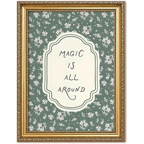 Vintage Gold Framed Nursery Wall Art, Magic Is All Around Quote Pictures Wall Decor, Sage Green Floral Paintings Canvas Prints Cottagecore Home Decor Aesthetic for Kids Room Living Room 12x16 inch