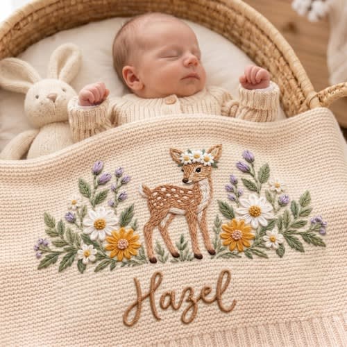 Personalized Knit Baby Fawn Deer Baby Blanket, Custom Embroidered Woodland Flowers Baby Shower Gift, Welcome Baby Blanket,Gift for Baby Girl
