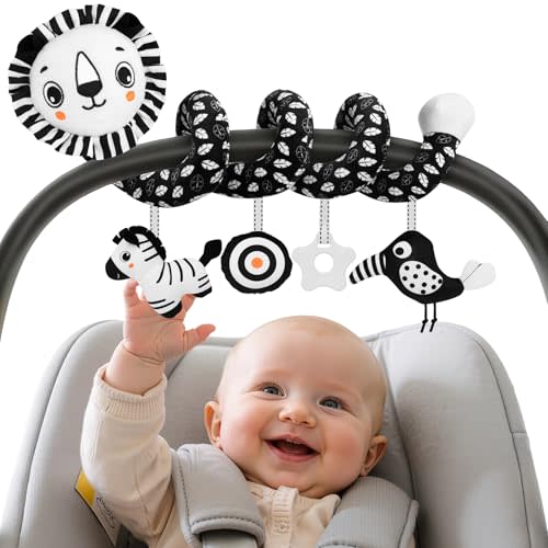 FPVERA Car Seat Toys for Babies 0-6 Months: Travel Baby Toy for Soft Hanging Toys for Carseat, Spiral Plush High Contrast Black and White Toy for Boys Girls