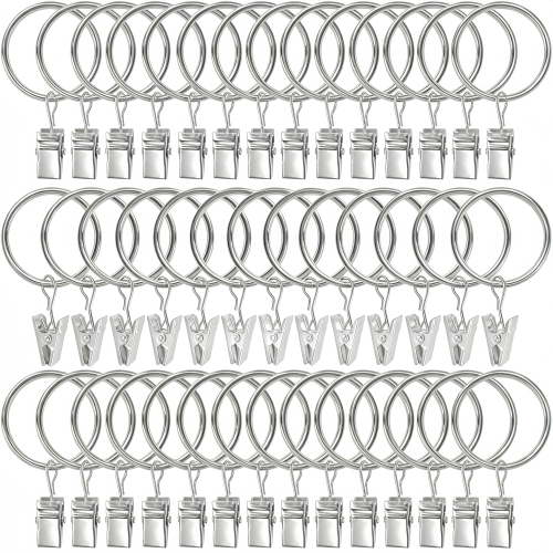 40 Pack Silver Curtain Rings with Clips, Polished Metal Curtain Clips with Hooks, Modern Curtain Hangers for Heavy Drapes, Shower Curtains & Modern Home