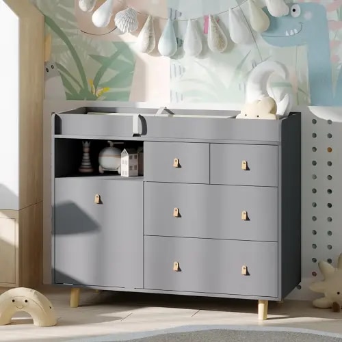 Baby Changing Table Dresser with 5 Drawers, Baby Nursery Dresser with Tilt Out Laundry Basket, Infant Changing Station Organizer for Nursery and Bedroom, Grey (45" W x 18" D x 37" H)