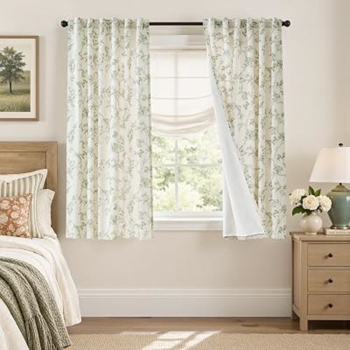 Lazzzy Green Floral Linen Lined Curtains Rod Pocket 50W X 63L 2 Panels