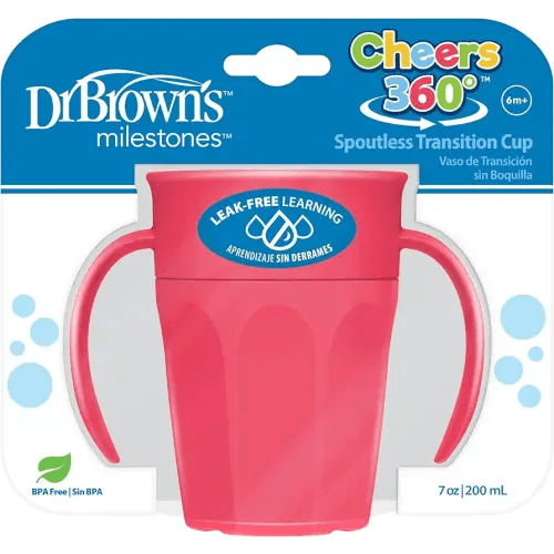 Dr. Brown's Milestones Cheers 360 Spoutless Transition Cup with Handles, Travel Friendly and Leak Free Sippy for Babies and Toddlers, Pink, BPA-Free, 7 oz/200 mL, 6m+