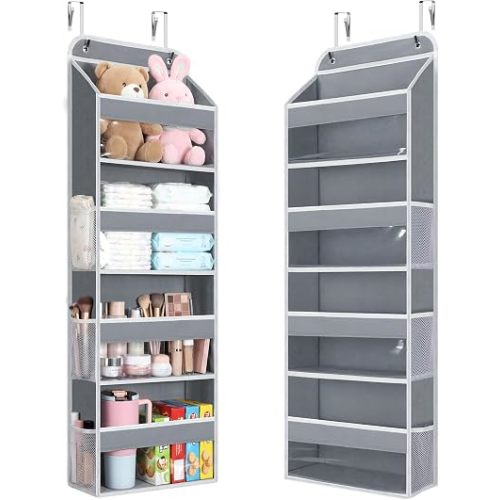 LAMU Over the Door Organizer, Large Capacity Behind the Door Storage with Clear PVC Windows, Heavy Duty Stuffed Animal Storage for Dorm Nursery Bedroom Closet Bathroom Pantry Shoes, 4 Tier Grey