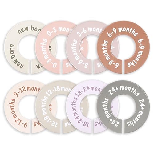 XLIUAX 8 Pcs Baby Closet Dividers, Baby Clothes Dividers for Closet Clothes Size Multicolor Divider Round Labels for Sorting From Newborn to 12+ Months Fits 1.5" Rod Organize Nursery Hangers