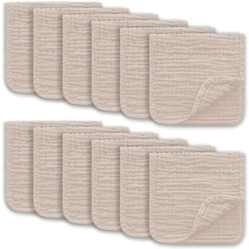 Muslin Burp Cloths Large 100% Cotton Hand Washcloths for Boys & Girls, Baby Essentials Extra Absorbent and Soft Burping Rags for Newborn Registry (Brown, 12-Pack, 20" X10")