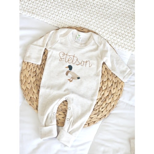 Little Duckling Romper Personalized Duck Outfit for Baby Boy Sleeper Baby Shower Gift Name Duck Hunting Baby Footie Embroidered Oatmeal